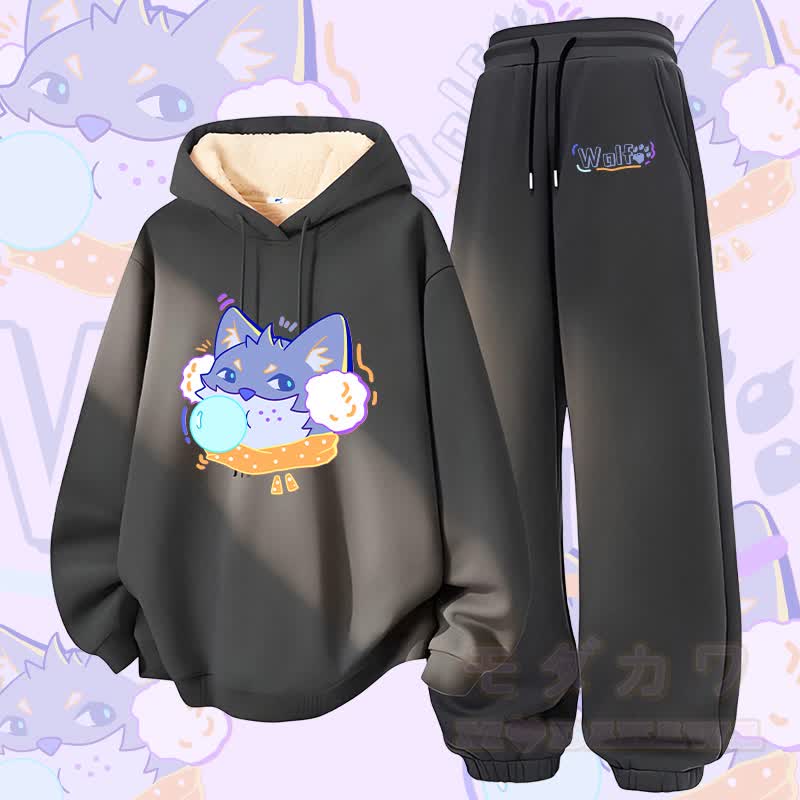 MODAKAWA Bubble Wolf Graphic Zweiteiliges Set aus dick gefüttertem Hoodie und Hose mit Fleece-Futter - Dunkelgrau - 5XL - image 1