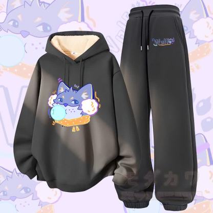 MODAKAWA Bubble Wolf Graphic Zweiteiliges Set aus dick gefüttertem Hoodie und Hose mit Fleece-Futter - Dunkelgrau - 5XL - image 1