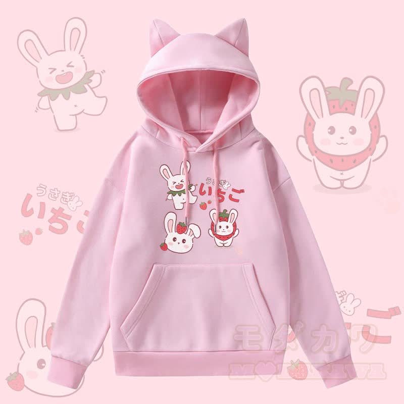 MODAKAWA Kapuzenpullover mit Erdbeerhasen-Motiv, Taschenfutter und Fleece-Einsatz sowie Katzenohren  - Rosa - 2XL - image 2