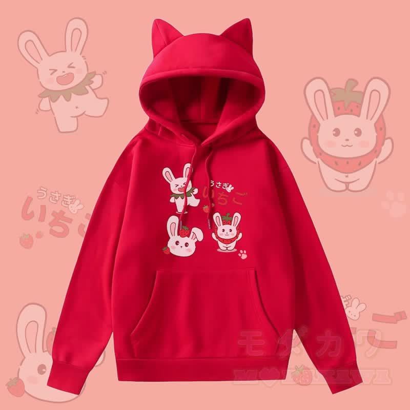 MODAKAWA Kapuzenpullover mit Erdbeerhasen-Motiv, Taschenfutter und Fleece-Einsatz sowie Katzenohren  - Rot - 2XL - image 1