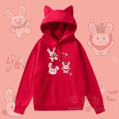 MODAKAWA Kapuzenpullover mit Erdbeerhasen-Motiv, Taschenfutter und Fleece-Einsatz sowie Katzenohren  - Rot - 2XL - image 1
