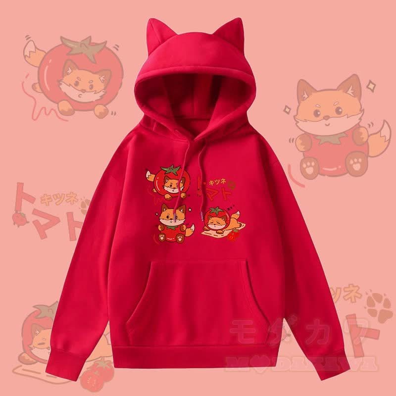 MODAKAWA Kapuzenpullover mit Katzenohren und Fleece-Futter, Tomatenfuchs-Grafik, Tasche  - Rot - 2XL - image 2