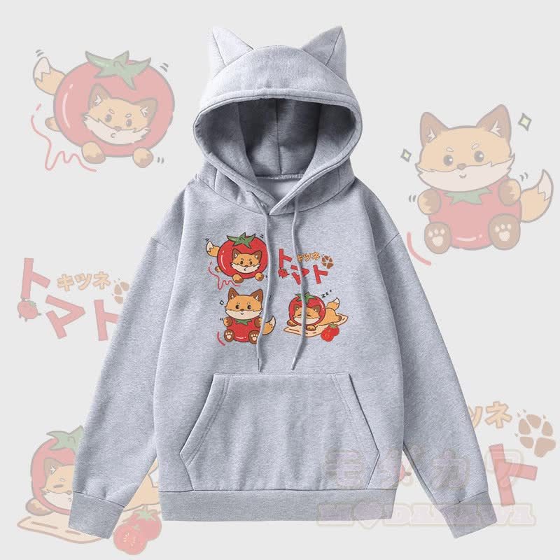 MODAKAWA Kapuzenpullover mit Katzenohren und Fleece-Futter, Tomatenfuchs-Grafik, Tasche  - Grau - 2XL - image 1