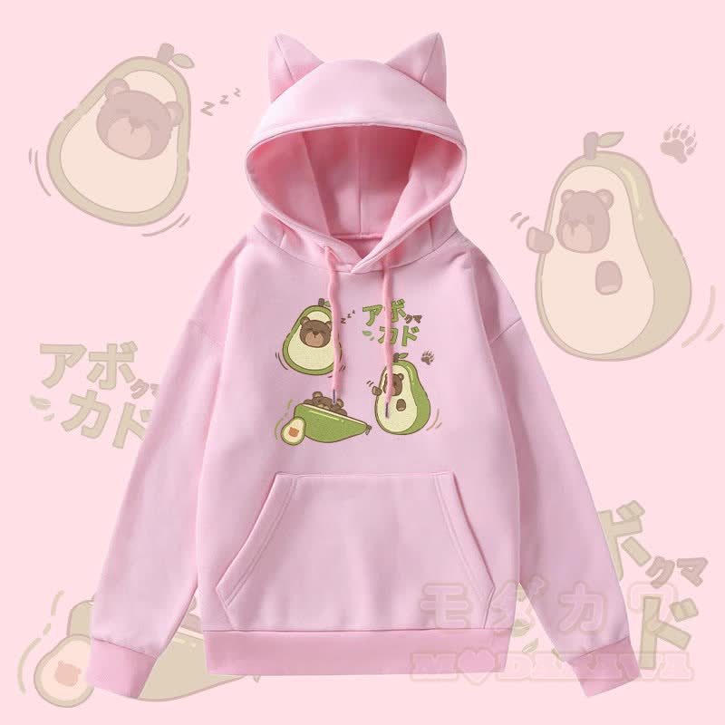 MODAKAWA Kapuzenpullover mit Avocado-Bär-Grafik, Taschenfutter und Fleece-Einsatz sowie Katzenohren  - Rosa - 2XL - image 2