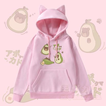 MODAKAWA Kapuzenpullover mit Avocado-Bär-Grafik, Taschenfutter und Fleece-Einsatz sowie Katzenohren  - Rosa - 2XL - image 2