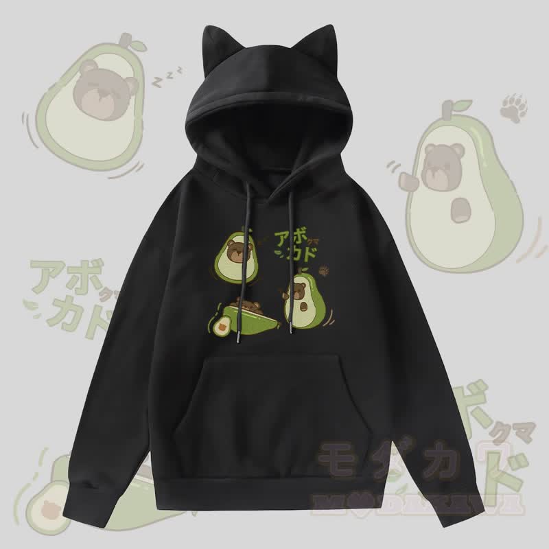 MODAKAWA Kapuzenpullover mit Avocado-Bär-Grafik, Taschenfutter und Fleece-Einsatz sowie Katzenohren  - Schwarz - 2XL - image 1