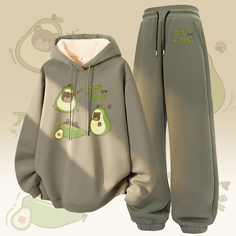 MODAKAWA Avocado Bear Graphic Dickes Fleece-Futter Hoodie Hose Zweiteiliges Set - Green - 5XL - image 1