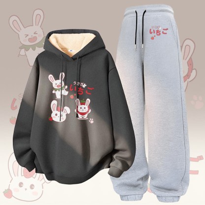 MODAKAWA Erdbeerhasen-Grafik, dick gefütterter Hoodie und Hose, zweiteiliges Set - Dark Grey&Grey - 5XL - image 1