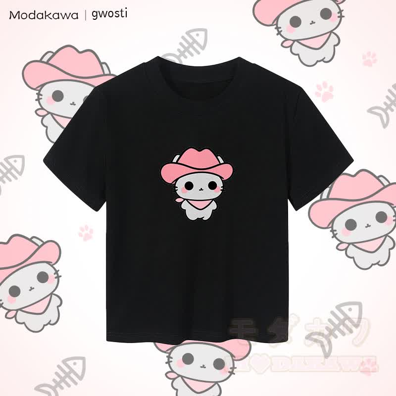 MODAKAWA X gwosti Pink Meowdy Graphic Damen Crop-Top aus 92 % gekämmter Baumwolle - Schwarz - XL - image 3