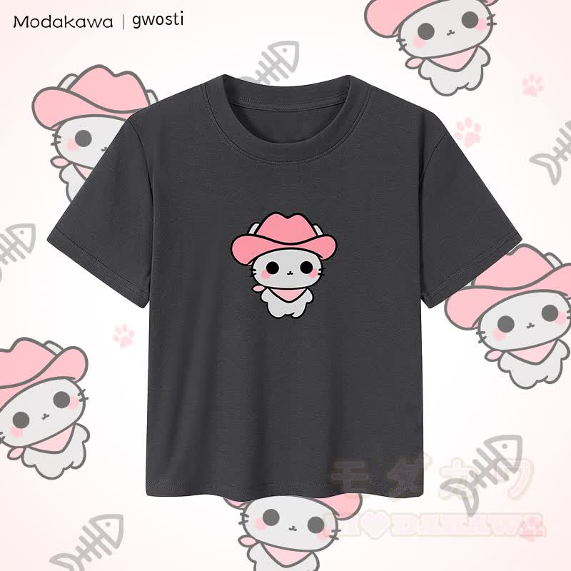 MODAKAWA X gwosti Pink Meowdy Graphic Damen Crop-Top aus 92 % gekämmter Baumwolle - Dunkelgrau - XL - image 2