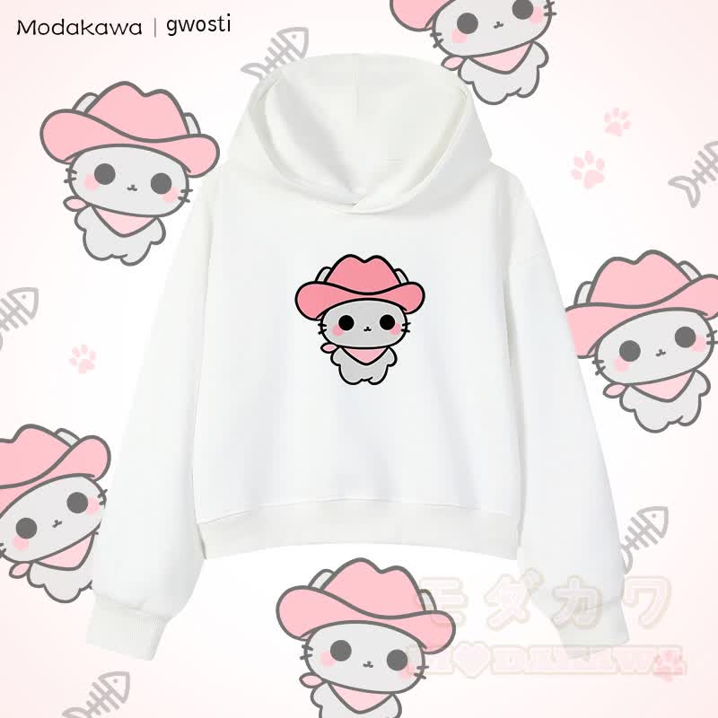MODAKAWA X gwosti Pink Meowdy Graphic Cropped Cotton Hoodie - Weiß - 3XL - image 4