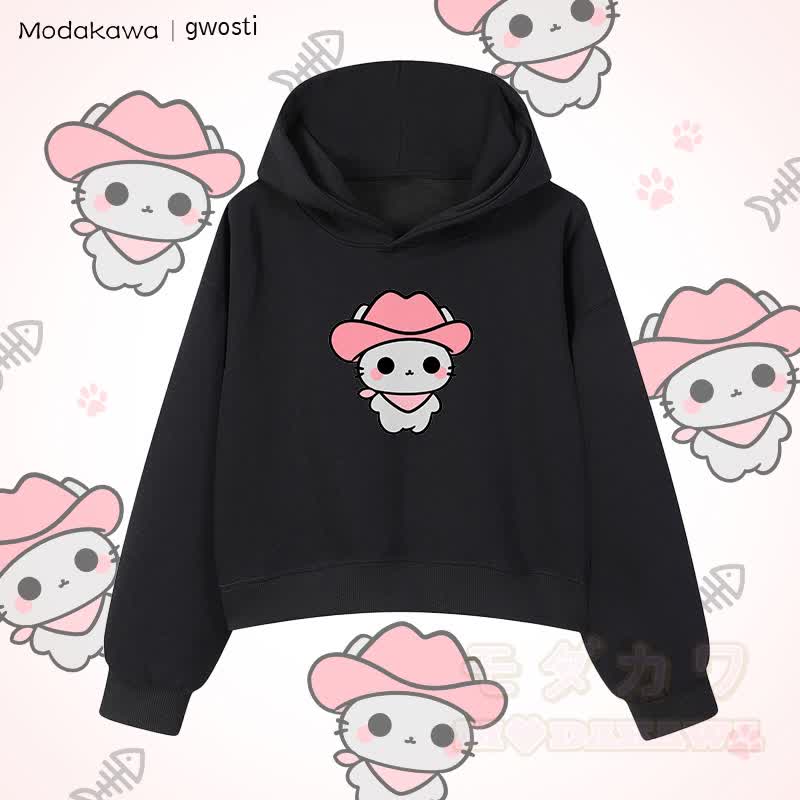 MODAKAWA X gwosti Pink Meowdy Graphic Cropped Cotton Hoodie - Schwarz - 3XL - image 5