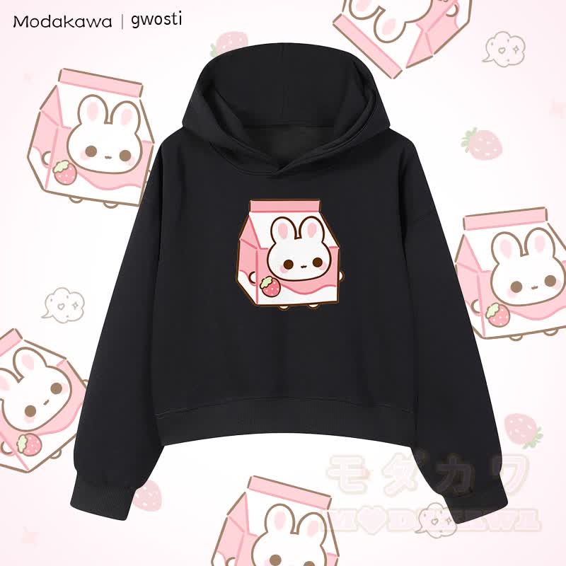 MODAKAWA X gwosti Strawbunny Milk Graphic Cropped Cotton Hoodie - Schwarz - 3XL - image 5