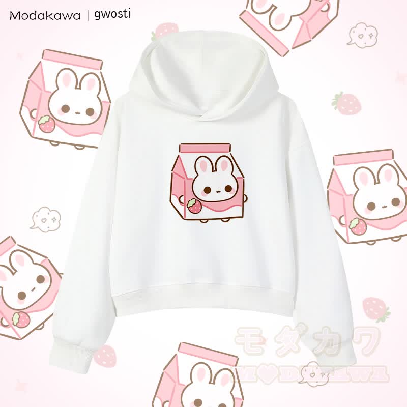 MODAKAWA X gwosti Strawbunny Milk Graphic Cropped Cotton Hoodie - Weiß - 3XL - image 4