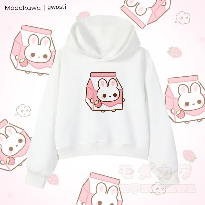 MODAKAWA X gwosti Strawbunny Milk Graphic Cropped Cotton Hoodie - Weiß - 3XL - image 4