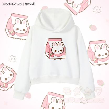 MODAKAWA X gwosti Strawbunny Milk Graphic Cropped Cotton Hoodie - Weiß - 3XL - image 4