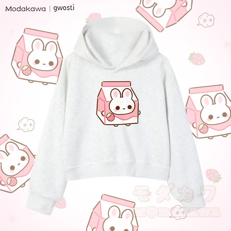 MODAKAWA X gwosti Strawbunny Milk Graphic Cropped Cotton Hoodie - Grau - 3XL - image 2