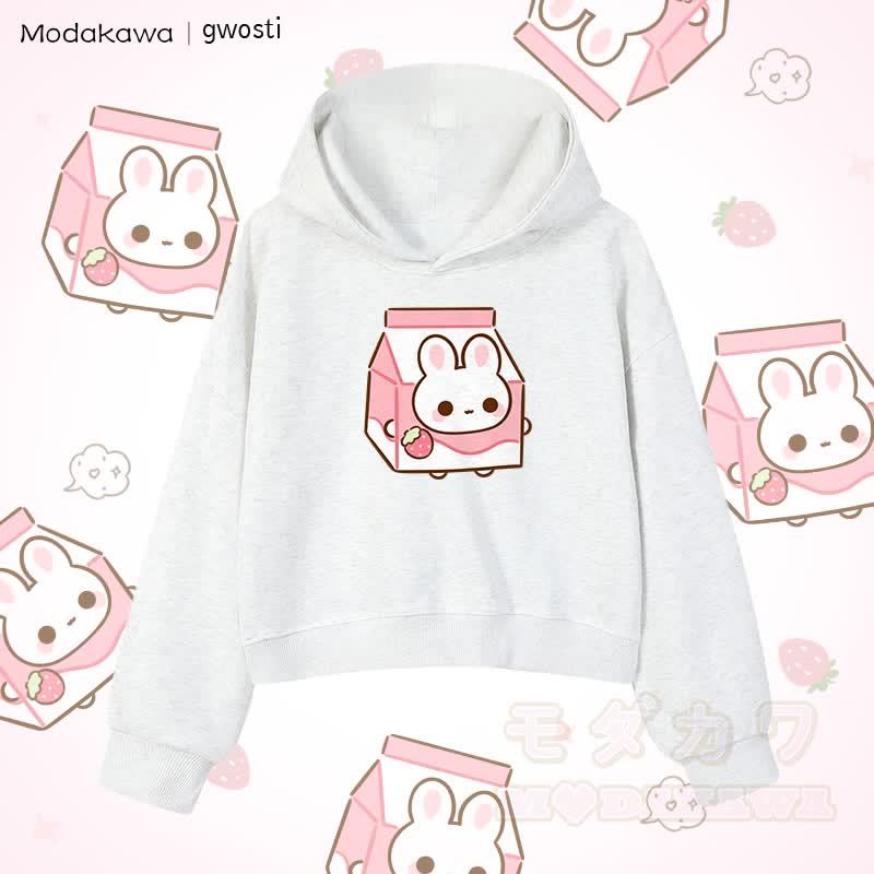 MODAKAWA X gwosti Strawbunny Milk Graphic Cropped Cotton Hoodie - Grau - 3XL - image 2