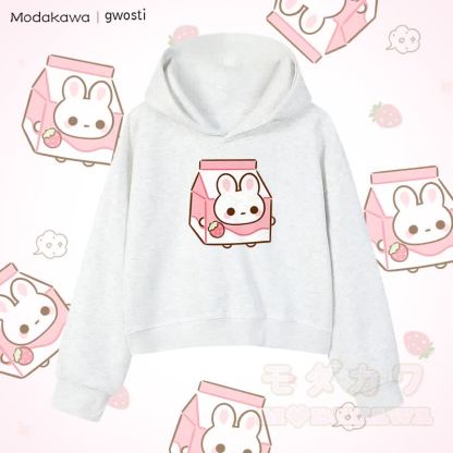 MODAKAWA X gwosti Strawbunny Milk Graphic Cropped Cotton Hoodie - Grau - 3XL - image 2