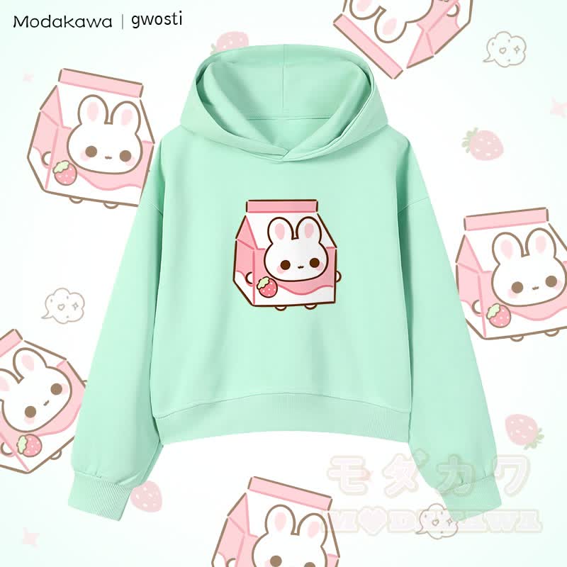 MODAKAWA X gwosti Strawbunny Milk Graphic Cropped Cotton Hoodie - Grün - 3XL - image 1
