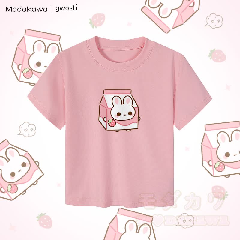 MODAKAWA X gwosti Strawbunny Milk Graphic Damen Crop-Top aus 92 % gekämmter Baumwolle - Rosa - XL - image 1