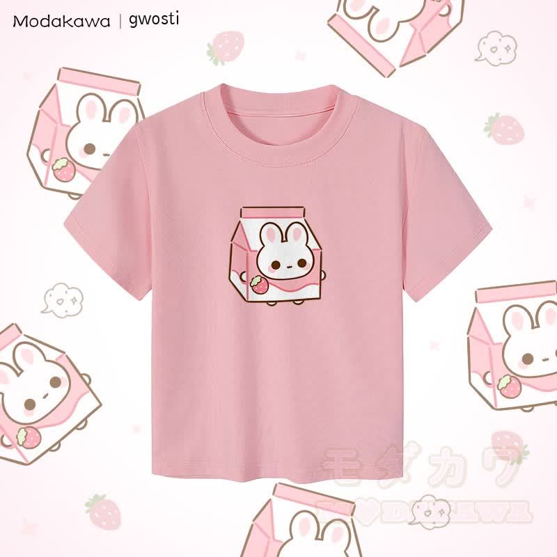MODAKAWA X gwosti Strawbunny Milk Graphic Damen Crop-Top aus 92 % gekämmter Baumwolle - Rosa - XL - image 1