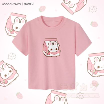 MODAKAWA X gwosti Strawbunny Milk Graphic Damen Crop-Top aus 92 % gekämmter Baumwolle - Rosa - XL - image 1
