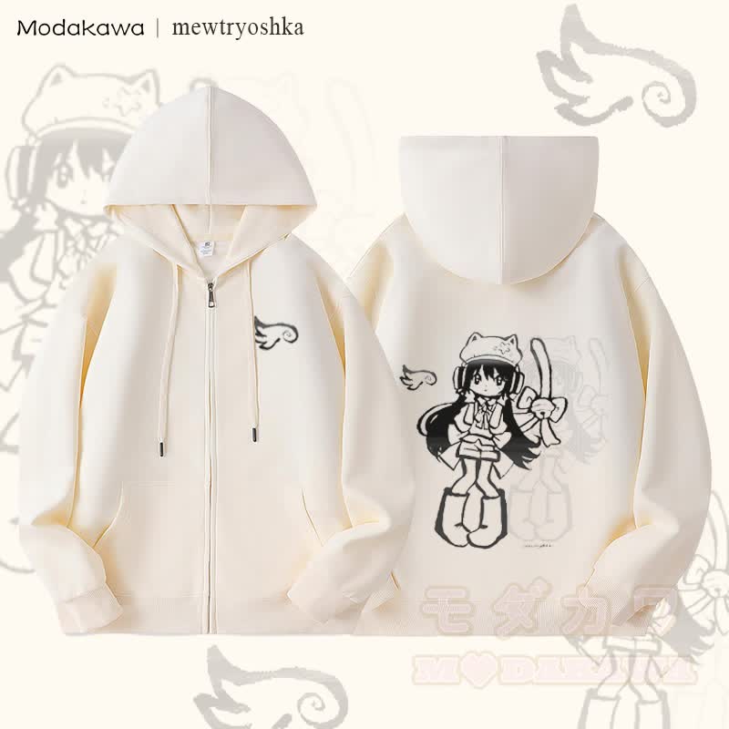 MODAKAWA X mewtryoshka Shadow Wing Girl Graphic Fleece Lined Zip Up Hoodie Sweatshirt - Beige - 5XL - image 2