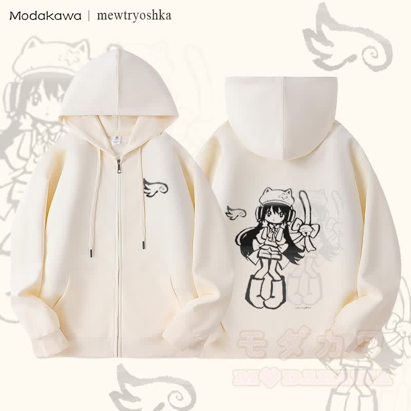 MODAKAWA X mewtryoshka Shadow Wing Girl Graphic Fleece Lined Zip Up Hoodie Sweatshirt - Beige - 5XL - image 2