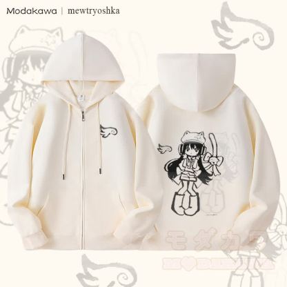 MODAKAWA X mewtryoshka Shadow Wing Girl Graphic Fleece Lined Zip Up Hoodie Sweatshirt - Beige - 5XL - image 2