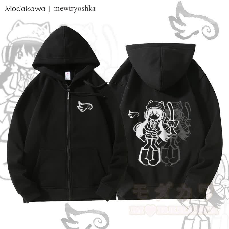 MODAKAWA X mewtryoshka Shadow Wing Girl Graphic Fleece Lined Zip Up Hoodie Sweatshirt - Schwarz - 5XL - image 1