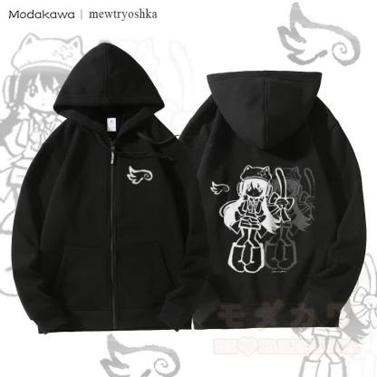 MODAKAWA X mewtryoshka Shadow Wing Girl Graphic Fleece Lined Zip Up Hoodie Sweatshirt - Schwarz - 5XL - image 1