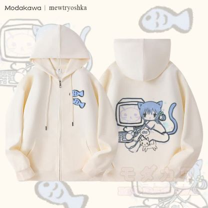 MODAKAWA X mewtryoshka Catgirl Computer Graphic Fleece Lined Zip Up Hoodie Sweatshirt - Beige - 5XL - image 2