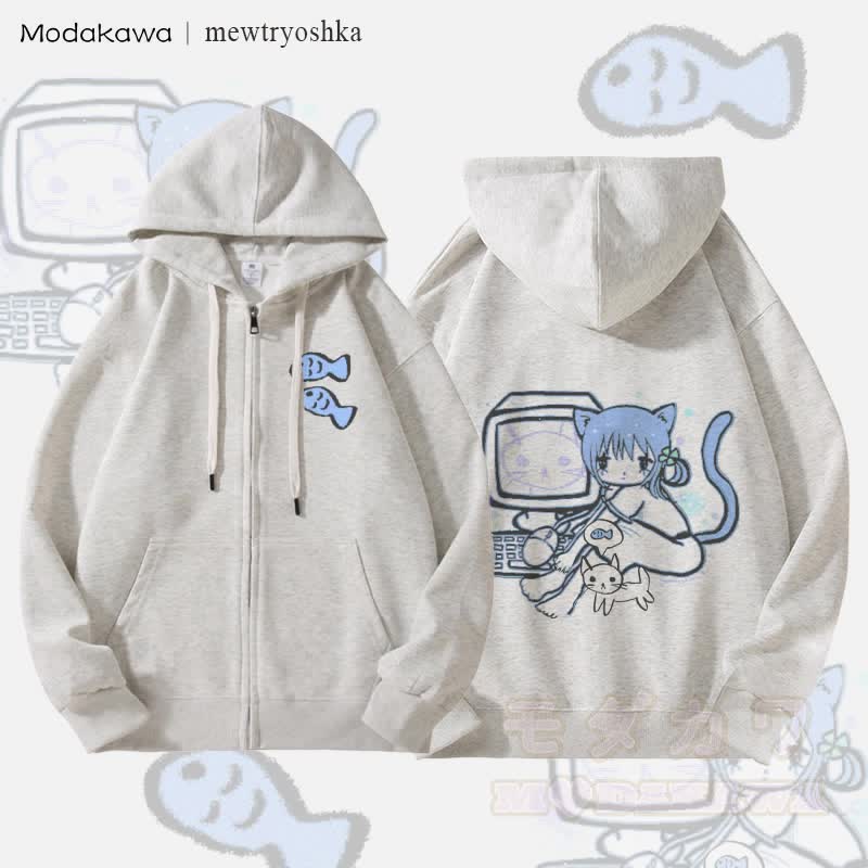 MODAKAWA X mewtryoshka Catgirl Computer Graphic Fleece Lined Zip Up Hoodie Sweatshirt - Grau - 5XL - image 1