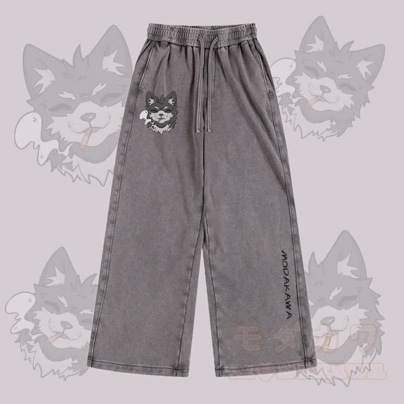 MODAKAWA Koda Smoking Puppy Grafik Vintage Washed Adjustable Hem Hose - Grau - 2XL - image 2