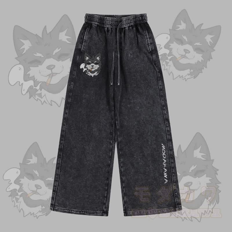 MODAKAWA Koda Smoking Puppy Grafik Vintage Washed Adjustable Hem Hose - Schwarz - 2XL - image 1