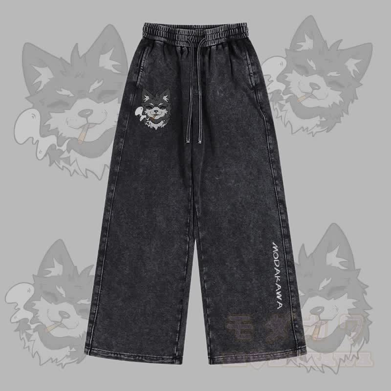 MODAKAWA Koda Smoking Puppy Grafik Vintage Washed Adjustable Hem Hose - Schwarz - 2XL - image 1