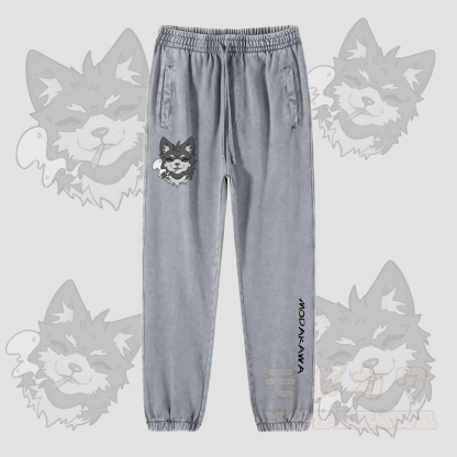 MODAKAWA Koda Smoking Puppy Graphic Vintage Washed Jogger Pants - Hellgrau - 2XL - image 1
