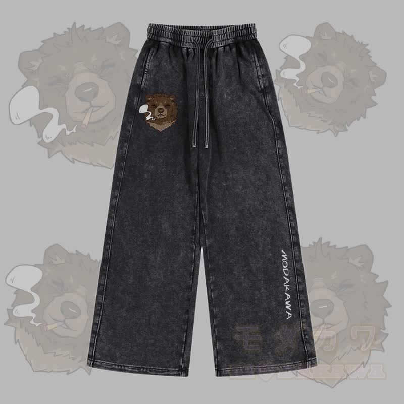 MODAKAWA Smoking Bear Graphic Vintage Washed Adjustable Hem Pants - Schwarz - 2XL - image 2