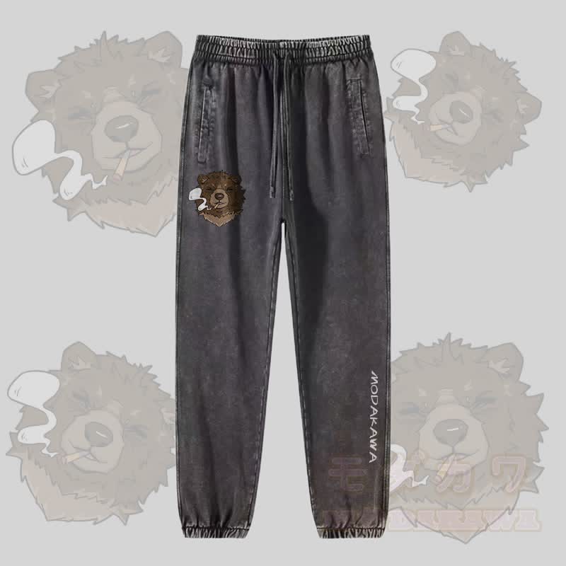 MODAKAWA Smoking Bear Graphic Vintage Washed Jogger Pants - Dunkelgrau - 2XL - image 3
