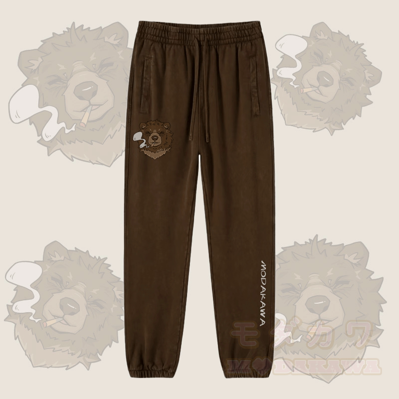 MODAKAWA Smoking Bear Graphic Vintage Washed Jogger Pants - Braun - 2XL - image 4