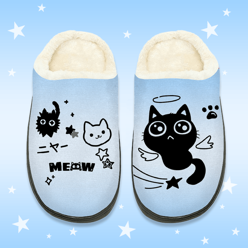MODAKAWA Gradient Angel Black Cat Graphic Plush Indoor Slippers - Blue - 44-45 - image 1