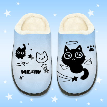 MODAKAWA Gradient Angel Black Cat Graphic Plush Indoor Slippers - Blue - 44-45 - image 1