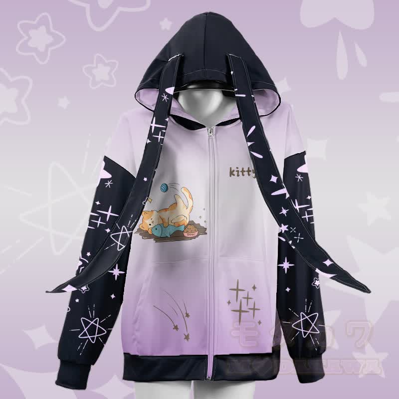 MODAKAWA Kapuzenpullover mit Farbverlauf, Katzenmotiv beim Spielen mit Fischen, Reißverschluss und langen Hasenohren - Lila - 4XL - image 2