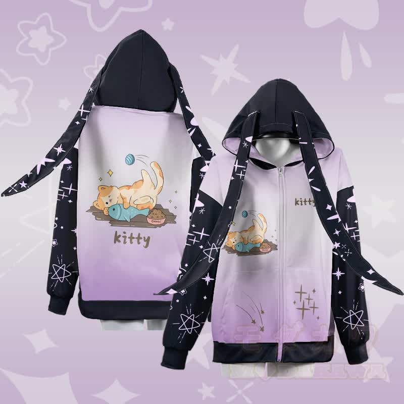 MODAKAWA Kapuzenpullover mit Farbverlauf, Katzenmotiv beim Spielen mit Fischen, Reißverschluss und langen Hasenohren - image 1