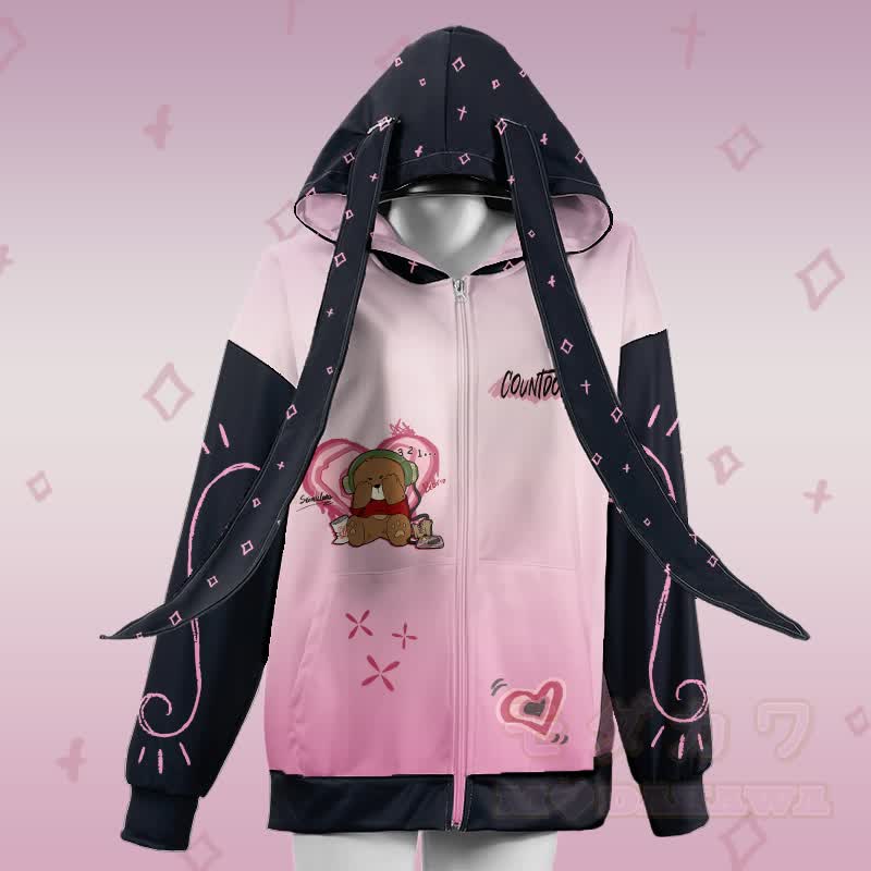 MODAKAWA Hoodie mit Farbverlauf, Bärenmotiv, Reißverschluss und langen Hasenohren, Augenabdeckung, Bärenmotiv, Reißverschluss - Rosa - 4XL - image 2