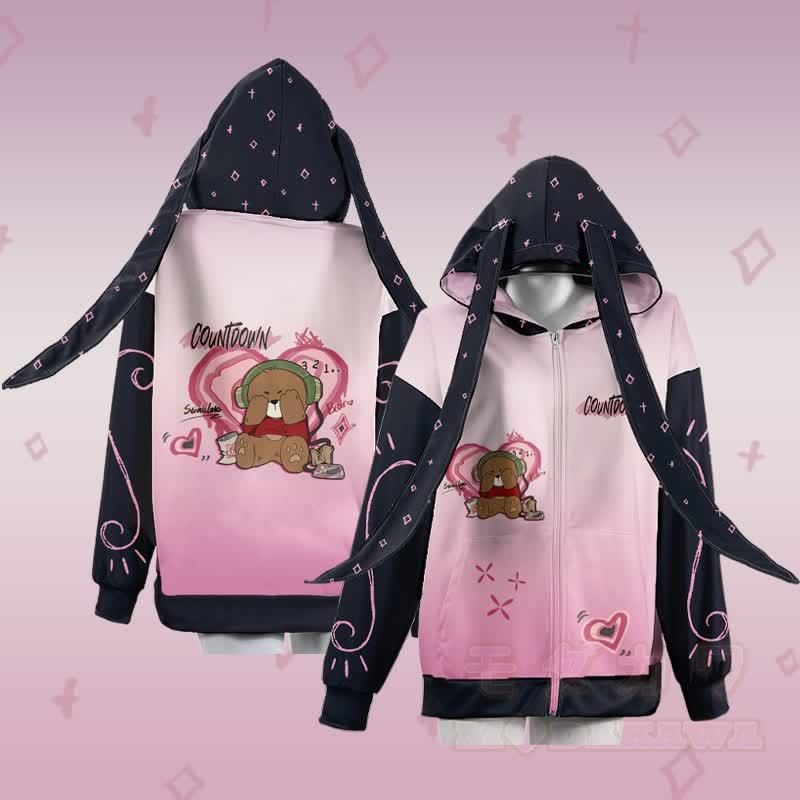 MODAKAWA Hoodie mit Farbverlauf, Bärenmotiv, Reißverschluss und langen Hasenohren, Augenabdeckung, Bärenmotiv, Reißverschluss - image 1