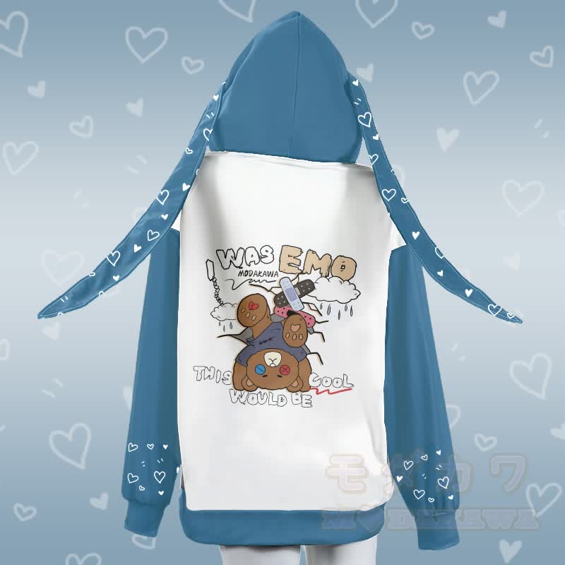 MODAKAWA I WAS EMO Upside Down Bear Graphic Zipper Long Bunny Ears Hoodie - image 3