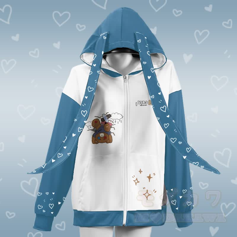 MODAKAWA I WAS EMO Upside Down Bear Graphic Zipper Long Bunny Ears Hoodie - Weiß - 4XL - image 2