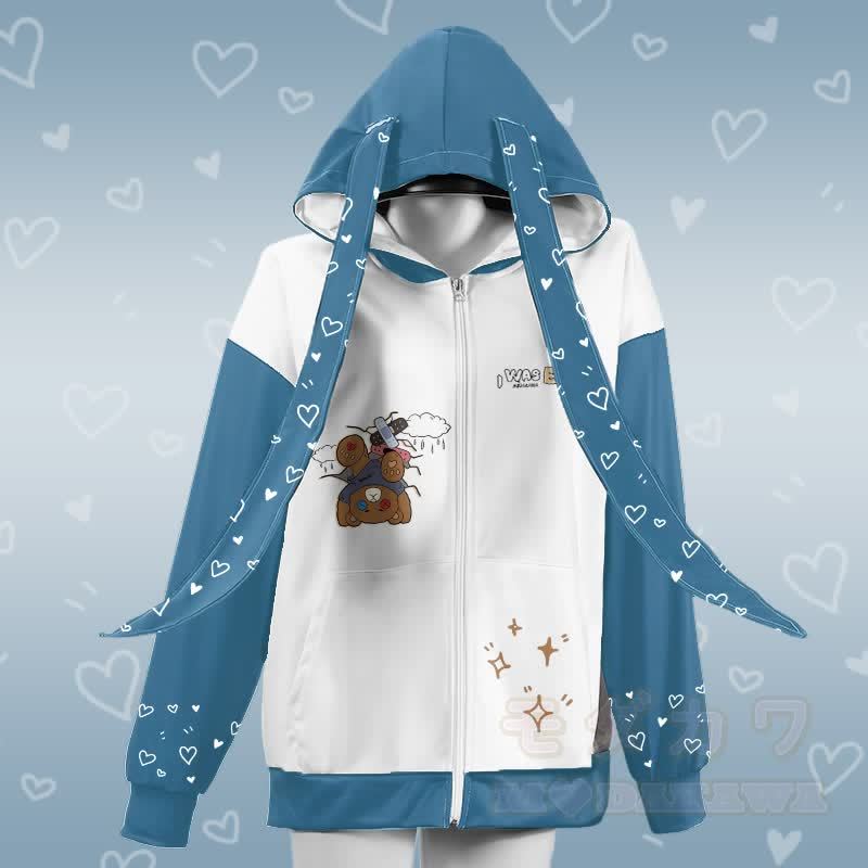 MODAKAWA I WAS EMO Upside Down Bear Graphic Zipper Long Bunny Ears Hoodie - Weiß - 4XL - image 2